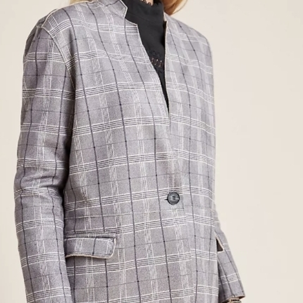 Blank NYC Grey Plaid Collarless Single-Button Blazer